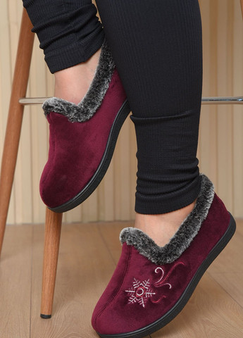 Бордовые тапочки женские на меху бордового цвета с рисунком Let's Shop с мехом