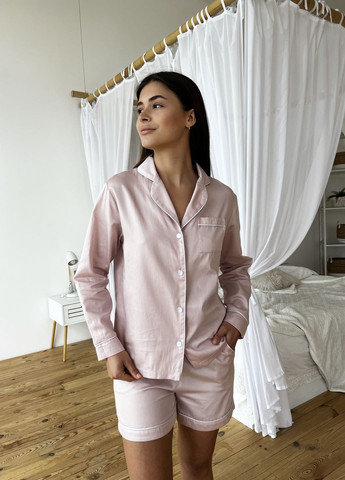 Світло-рожева всесезон піжамний комплект 2-ка з сатину (сорочка+шорти) pearl Cosy