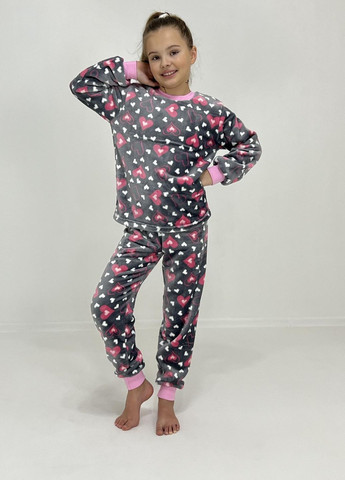 Серая зимняя пижама детская зимняя розовое сердечко 134 серая 74542012-1 Triko
