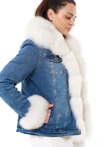Синя демісезонна утеплена джинсова куртка джинс денім з натуральним зйомним хутром зима осінь calibri голуба white frost fox Actors