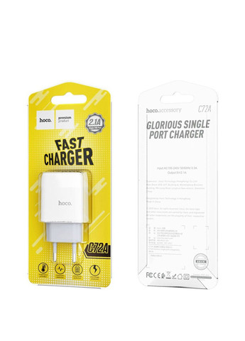 Мережевий зарядний пристрій C72A 1 USB 2.1A колір білий ЦБ-00204690 Hoco (259442916)