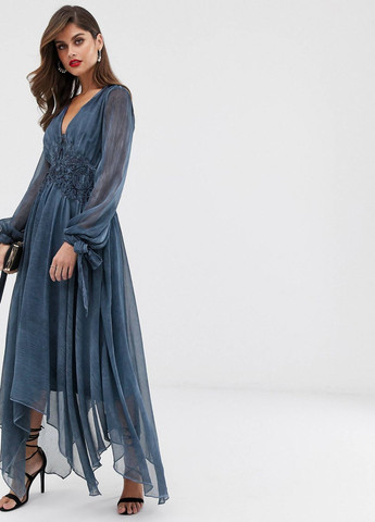 Темно-блакитна святковий, вечірня міді-плаття as design із вишитою талією із шифону з вибіленим ефектом Asos