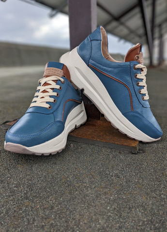 Синие демисезонные стильные кожаные кроссовки в синем на шнурках INNOE Кроссовки