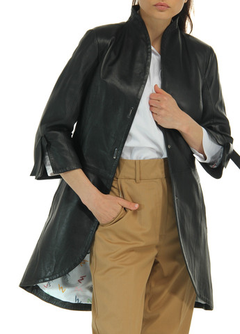 Чорна демісезонна жіноча шкіряна куртка з натуральної шкіри класична приталена подовжена весна літо осінь демісезон 850 чорна Actors