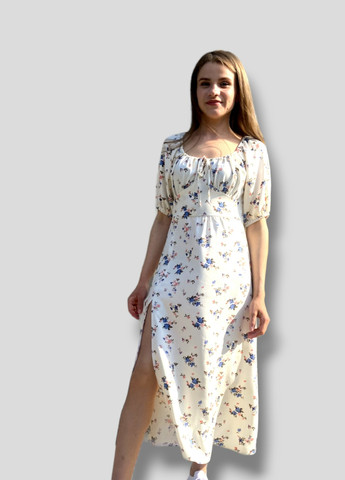 Молочное повседневный платье штапель с разрезом No Brand с цветочным принтом