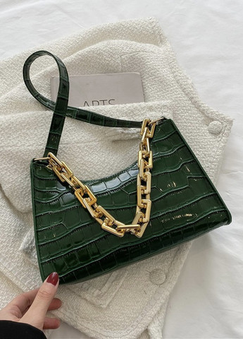 Женская маленькая сумка рептилия багет крокодиловая кожа с цепочкой зеленая No Brand (259473649)