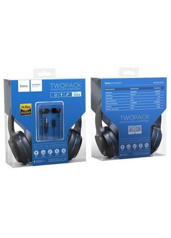 Наушники two pack headphones + earphones 2 в 1 Чорно - синие Hoco w24 (258035376)