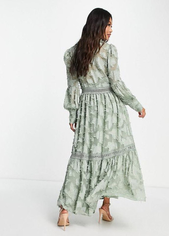 Оливковое (хаки) повседневный, праздничный, коктейльное, вечернее платье макси цвета хаки с кружевными вставками и пуговицами design Asos