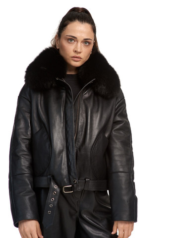 Черная демисезонная пуховик куртка оверсайз oversize утепленная натуральная кожа с натуральным съемным мехом silver fox весна осень зима fb-2 черная Actors