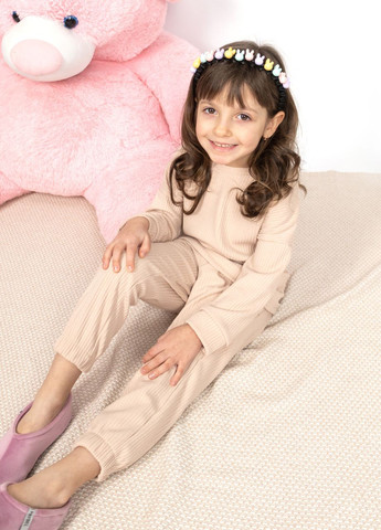 Бежевая пижама детская домашняя рубчик кофта со штанами крем Maybel
