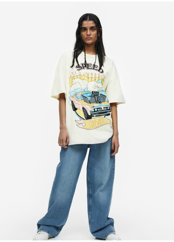 Світло-бежева літня жіноча футболка оверсайз з принтом н&м (55811) xs світло-бежева H&M