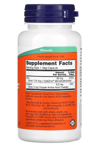 L-OptiZinc 30 mg 100 Veg Caps Now Foods (256721691)