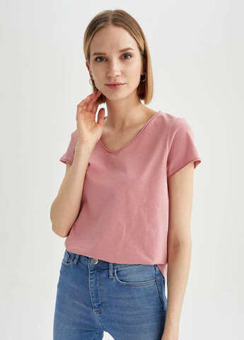 Рожева всесезон футболка жіноча бавовняна з коротким рукавом DeFacto