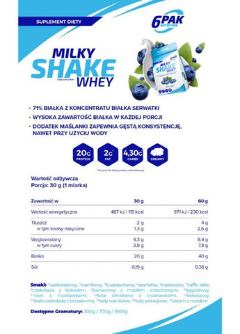Milky Shake Whey 300 g /10 servings/ Blueberry 6PAK Nutrition (259230758)