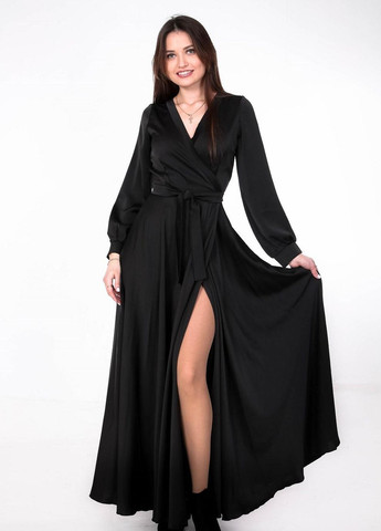 Чорна сукня ошатна жіноча 923057 однотонний атлас чорна Актуаль