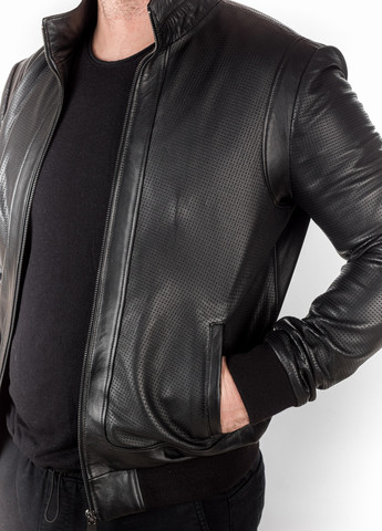 Мужская классическая натуральная преферированная кожаная куртка весна лето осень демисезон бомбер на резинке PERFORE черный Actors (258079717)