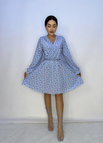 Голубое повседневный, кэжуал, коктейльное нежное молодежное платье меди с имитацией запаха с поясом InFashion с цветочным принтом