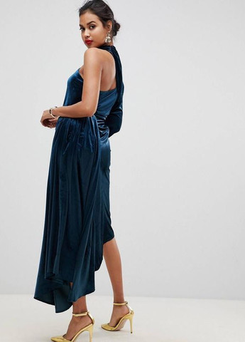 Темно-блакитна святковий, коктейльна, вечірня оксамитова асиметрична драпірована сукня edition Asos