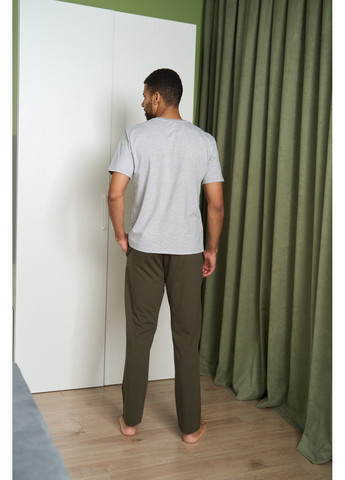 Піжама чоловіча COTTON BASIC футболка сіра + штани прямі хакі Handy Wear (278076155)