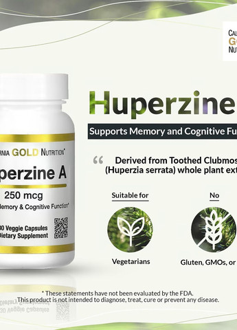 Гуперзин A Huperzine A, 250 mcg, 30 Veggie Capsules California Gold Nutrition (267724775)