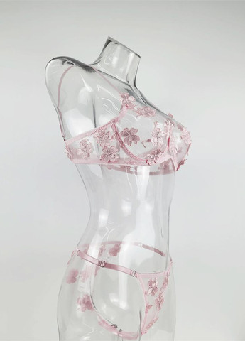 Розовый демисезонный эротический прозрачный комплект с цветами — розовый Vakko