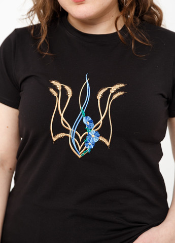 Черная всесезон женская футболка с вишивкою "тризуб " черная с коротким рукавом Мальви