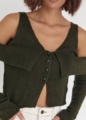 Темно-зеленый демисезонный вязаный пуловер на пуговицах с открытыми плечами - темно-зеленый Lurex