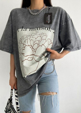 Серая футболка-туника варенка с цветами No Brand