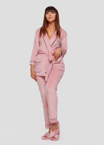 Розовая всесезон пижама костюм домашний велюровый халат со штанами розовый Maybel