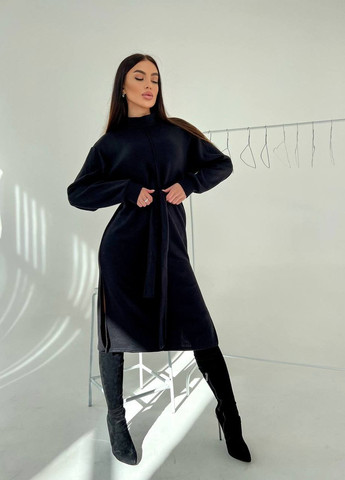 Черное повседневный, кэжуал теплое ангоровое платье с поясом No Brand однотонное
