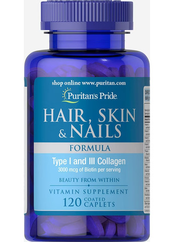 Комплекс для Волосся, Шкіри та Нігтів з Колагеном 1 і 3 типу Hair, Skin and Nails Formula Type 1 and 3 Collagen - 120 таб Puritans Pride (269462048)