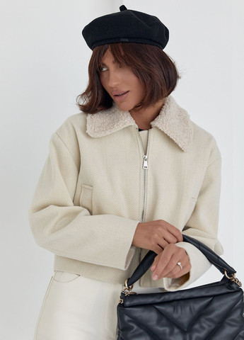 Бежевое демисезонное Женское короткое пальто в елочку - кремовый Lurex