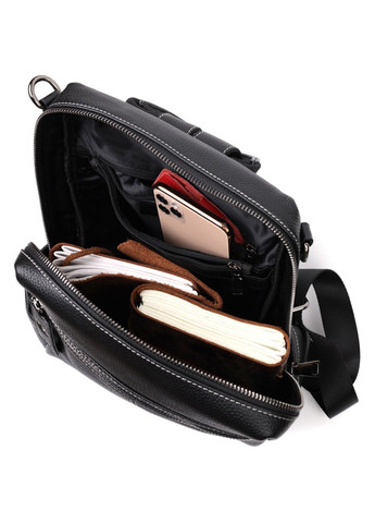 Місткий жіночий рюкзак-сумка прошитий білим рядком з натуральної шкіри 22314 Чорний Vintage (276461854)