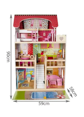 Большой деревянный интерактивный кукольный домик коттедж вилла с бассейном на 3 этажа с мебелью 90х59х29 см (475463-Prob) Unbranded (267813459)