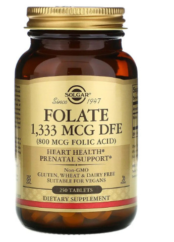 Folate 1333 mcg DFE (Folic Acid 800 mcg) 250 Tabs Solgar (256723966)