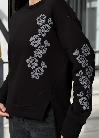 Стильный и изысканный женский свитшот, декорированный вышивкой INNOE - Свободный крой однотонный черный кэжуал трикотаж - (266625841)