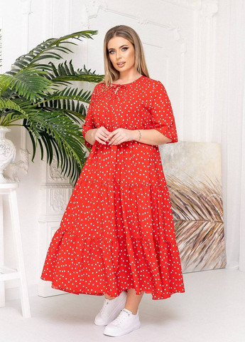Яскраво-червона жіноча довга сукня в горошок червоного кольору р.50/54 359127 New Trend