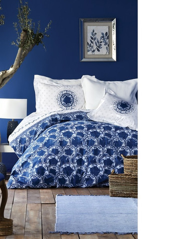 Набор постельное белье с покрывалом + плед - Belina mavi 2019-2 голубой евро Karaca Home (258186407)