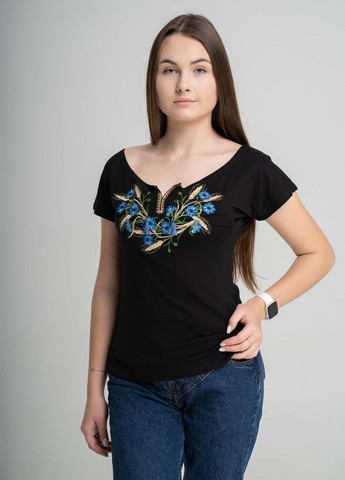 Женская вышитая футболка с широкой горловиной "Васильки и колосья" Melanika (277160412)