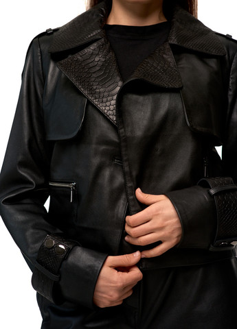 Чорна демісезонна жіноча шкіряна куртка косуха з вставками з пітону тренч trenchcoat натуральна шкіра. весна осінь демісезон fer fz-15 чорна Actors