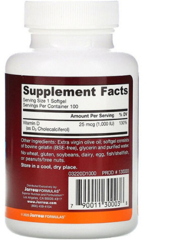 Vitamin D3 1000 IU 100 Softgels JRW30003 Jarrow Formulas (256722869)