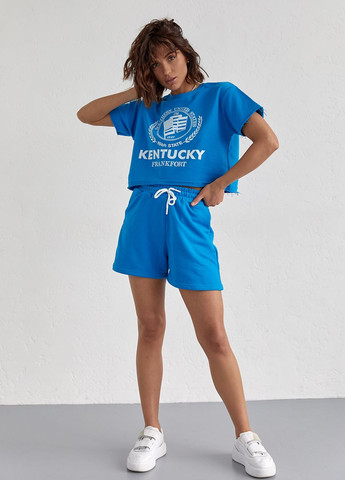 Жіночий спортивний комплект із шортами та футболкою - синій Lurex (262810518)