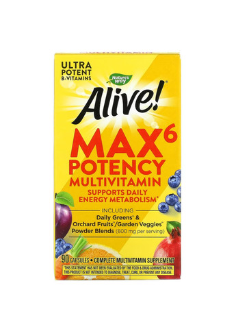 Мультивітаміни з Натуральними Овочами та Фруктами (із Залізлм) Alive! Max6 Daily Multivitamin (With Iron) - 90 вег.капсул Nature's Way (276903944)