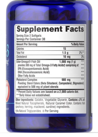 Puritan's Pride Omega-3 Fish Oil 1000 mg Plus Cholesterol Support 60 Softgels Puritans Pride (256722273)