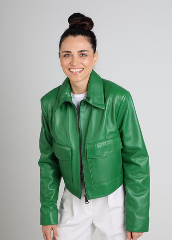 Зеленая яркая кожаная классическая куртка. 100% натуральная кожа. весна осень лето демисезон батал и стандарт fer-001 зеленый Actors