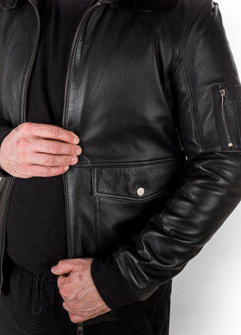 Утепленная классическая натуральная кожаная куртка осень зима демисезон со съемным мехом на резинке W-8 черная Actors (258075535)