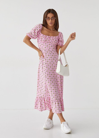 Розовое откровенный длинное цветочное платье с оборкой - розовый Hot Fashion