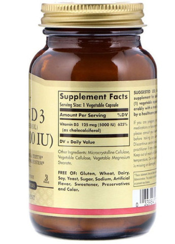 Vitamin D3 (Cholecalciferol) 5000 IU 120 Veg Caps Solgar (256725108)