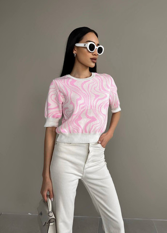 Молочная женская футболка с волнообразным рисунком цвет молочный-розовый р.42/46 432200 New Trend