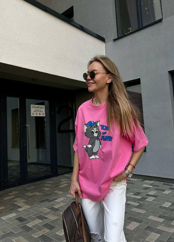 Рожева всесезон стильна оверсайз футболка з турецького куліра з накатом котика, яскрава красива футболка "том і джеррі" (100% бавовна) No Brand 203-1